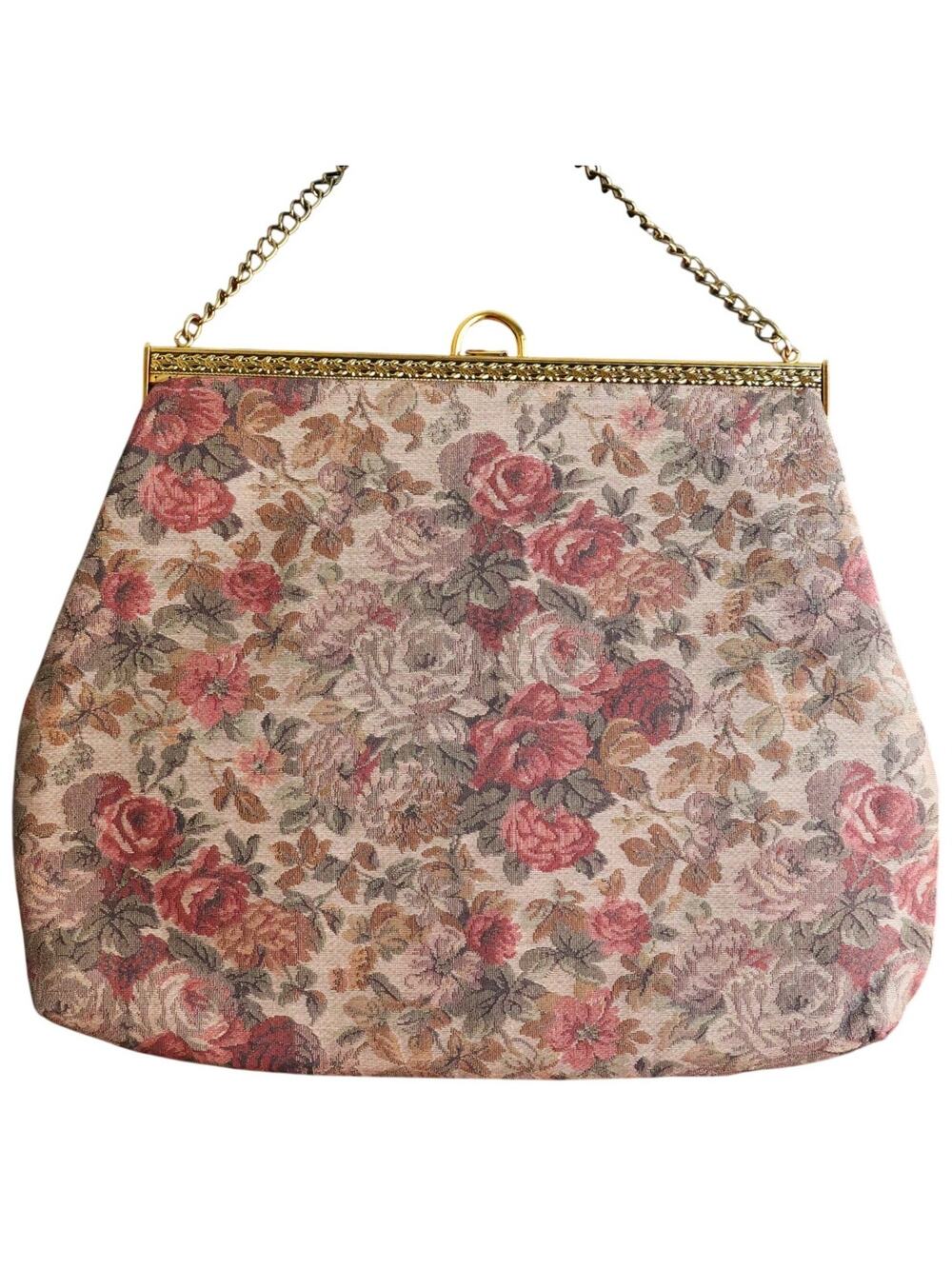 XL Vintage 1940s Antique Floral Roses Tapestry Shoulder Bag Gold Chain Art Deco